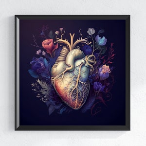 Human Heart with Flowers Art - Anatomical Human Heart Wall Art - Medical Gift -Cardiologist -Anatomy Print -Instant Digital Download -AI_164