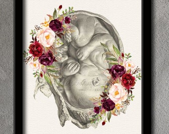 Fetus with Burgundy Flowers Wall Art - DaVinci Fetus Print - Vintage Wall Art - Vintage Fetus Illustration - INSTANT DOWNLOAD - Image# 711