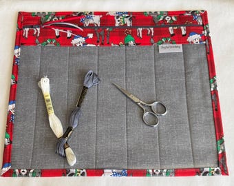 Christmas Goats/Gray 12x14 large Quilted Cross Stitch Project Bag