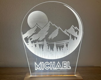 Mountains Custom and Personalized Name Light | Personalized Bedroom LED Moon and Trees Decor Sign | Daughter/Son Sign /Boy Gift/ Girl Gift