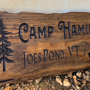 Outdoor Signs Gift, Wooden Carved Cabin Sign, Pine Trees, Custom Wood Sign, Custom Camp Sign, Mountain Home, Personalized Rustic Home Sign