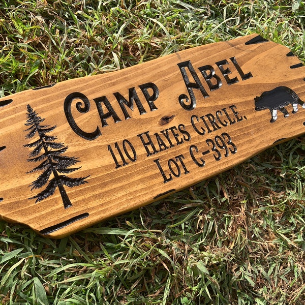 Outdoor Bear Signs, Wooden Carved Cabin Sign, Pine Trees, Custom Wood Sign, Custom Camp Sign, Mountain Home, Personalized Rustic Home Sign