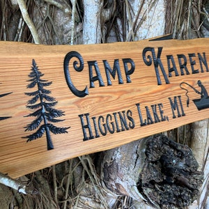 Outdoor Signs, Wooden Carved Cabin Sign, Pine Trees, Custom Wood Sign, Custom Camp Sign, Mountain Home, Personalized Rustic Home Sign