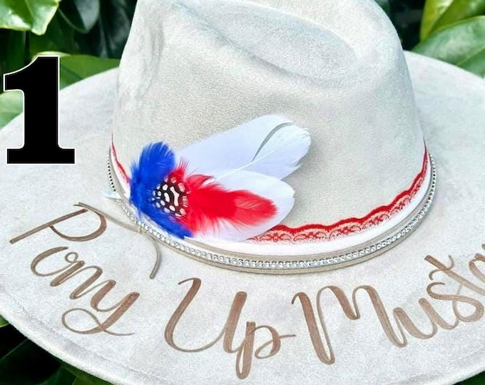 SMU Custom Cowboy Hat, Pony Up Mustangs, Cream-Red-Blue-Tan Fedora, Great for Game Days or SMU Equestrian Events