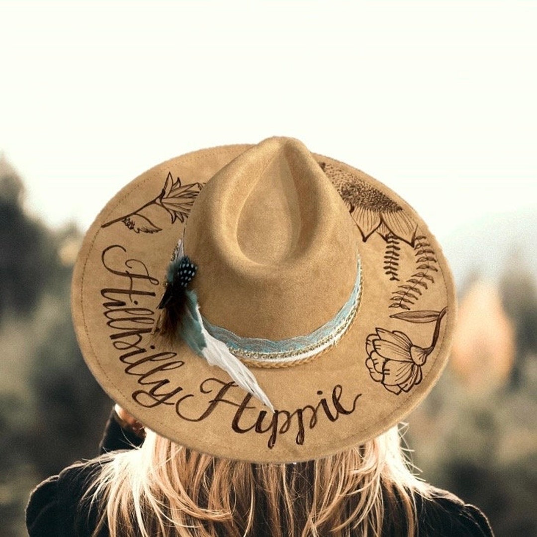 Hillbilly Hippie Custom Hand Burned Wide Brimmed Cowgirl Hat