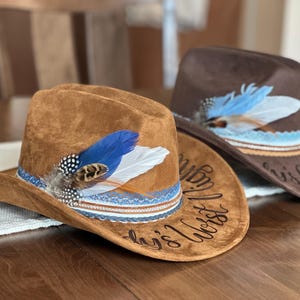 Custom Hand Burned Pinch Top relaxed Curve Brim Cowgirl Hat - Personalized Cowboy Hat with Lace Banding & Feathers