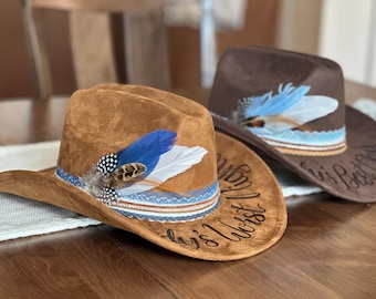Custom Hand Burned Pinch Top relaxed Curve Brim Cowgirl Hat - Personalized Cowboy Hat with Lace Banding & Feathers