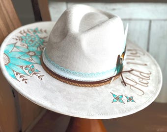 Custom cowgirl hat, hand burned with turquoise painted accents and turquoise accents and feather banding, Boho Western Fedora