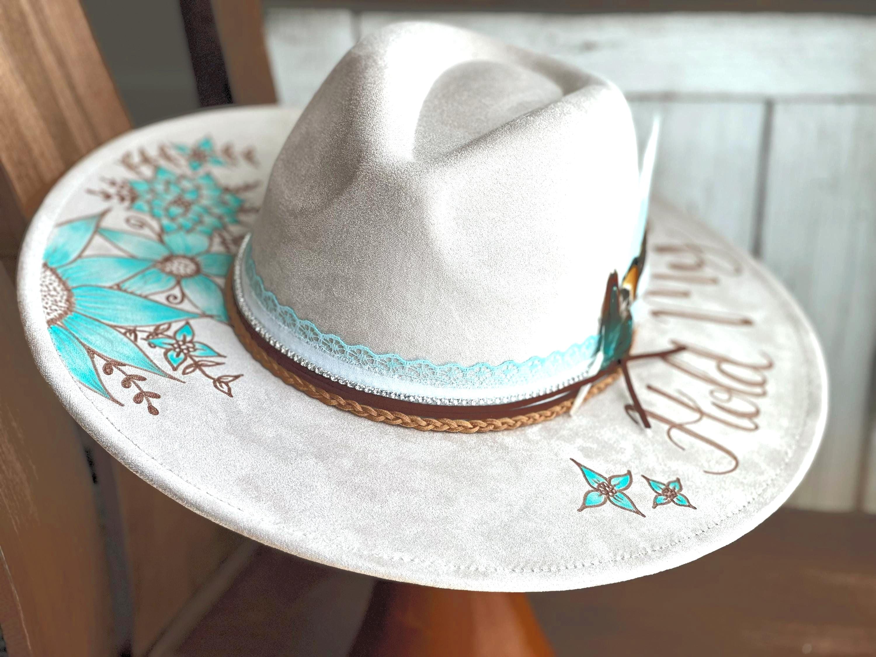 Girl on Fire Beige Hat with Turquoise Accents Custom Cowgirl Hat, Hand Burned With Turquoise Painted  main image 4