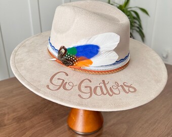 Go Gators Florida Hat | Hand Burned Wide Brim Vegan Suede Hat | Florida Fan Gift | Gameday Hat | Custom Fedora | University of Florida Gift