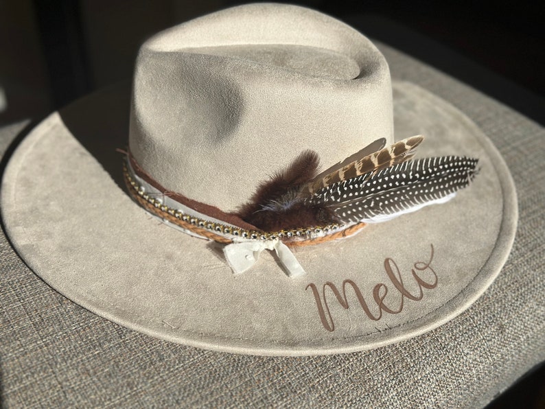 Wedding Custom hand burned wide brimmed cowgirl hat image 2