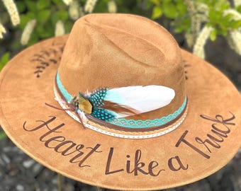 Women’s Cowboy Hat for Concert, Lainey Wilson, Heart Like a Truck, Wide Brimmed Ladies Cowgirl Hat, Music Festival Fedora, Lyrics, Sunflower