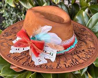 Wildflowers & Wild Horses Lainey Wilson Custom hand burned wide brimmed cowgirl hat