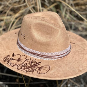 Wedding Custom hand burned wide brimmed cowgirl hat image 7