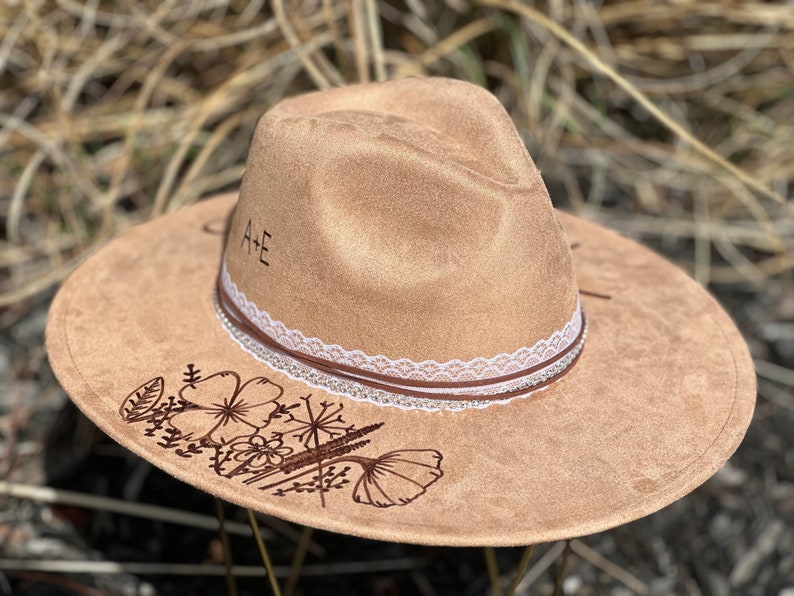 Wedding Custom hand burned wide brimmed cowgirl hat image 7