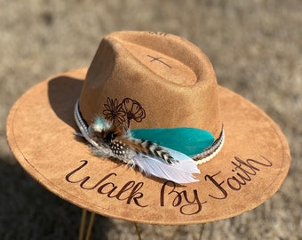 Walk By Faith - Custom hand burned wide brimmed cowgirl hat