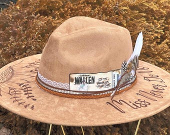 Morgan Wallen Concert Hat - Custom Cowboy Hat - Miss Never Do No Wrong - hand burned wide brimmed cowgirl hat, Boho Hat, Burnt Hat 2025 Tour
