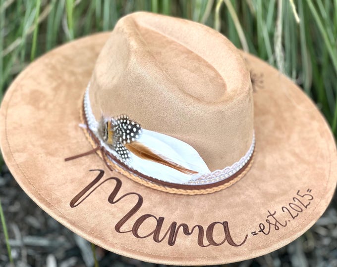 Mama - Custom Cowboy Hats for Women with Mama and Est Year burned on hat with lace and feather accents, Custom Cowgirl Gift Ideas for Mom