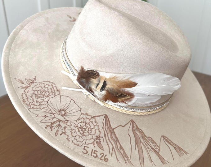 Custom Bride Hat for Great Smoky Mountains Wedding, hand burned mountains, customize to match wedding bouquet/colors, name and wedding date.