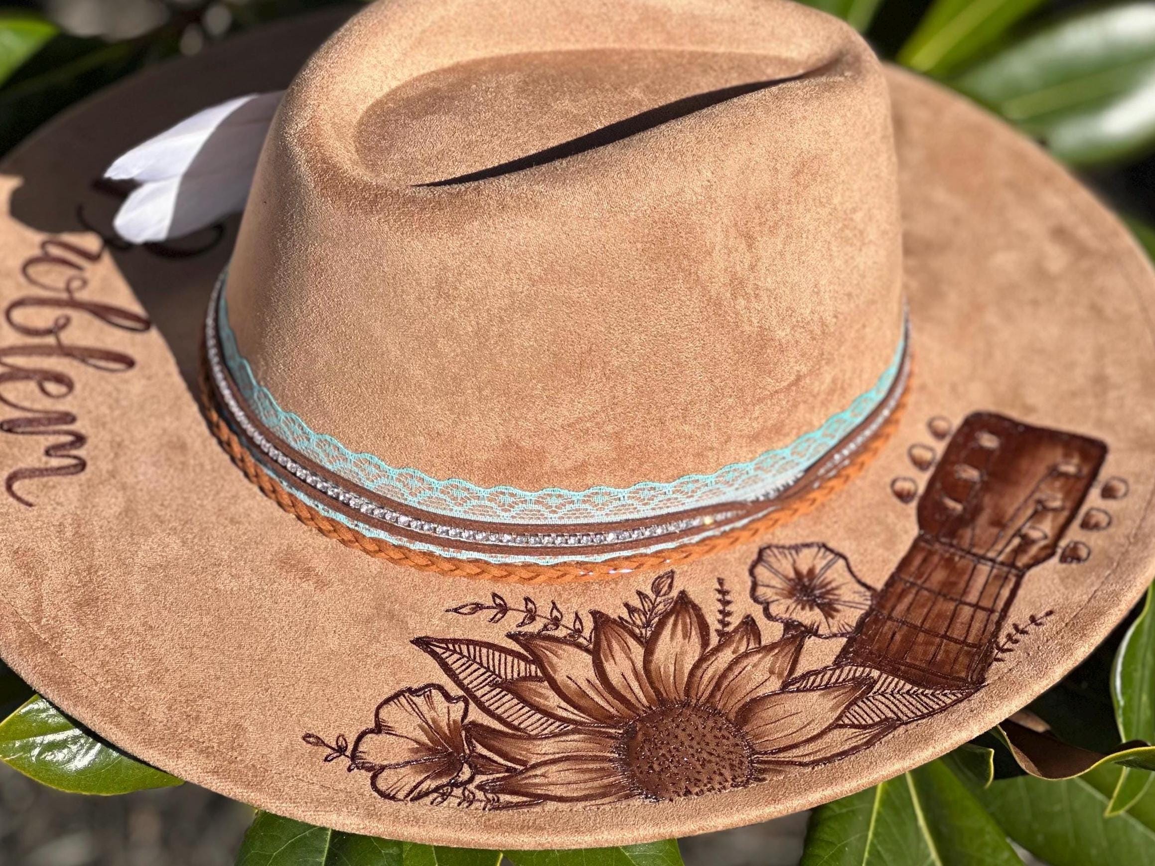 Morgan Wallen Custom Burned Wide Brim Fedora Feather Western Rancher Cowboy Hat New Custom Adult White Morgan Wallen Merch Concert Tour  main image 4