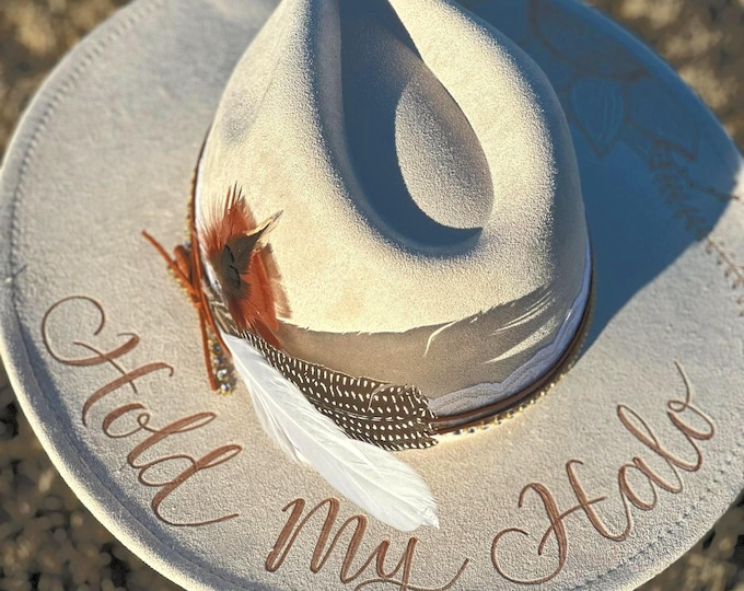 Lainey Wilson Hold My Halo Custom Cowboy Hat for concerts with Hold my Halo wording - Lace, Leather, Feather Accents, Cowgirl Hats for Women