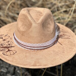 Wedding Custom hand burned wide brimmed cowgirl hat image 10