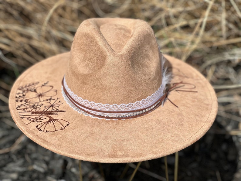 Wedding Custom hand burned wide brimmed cowgirl hat image 10