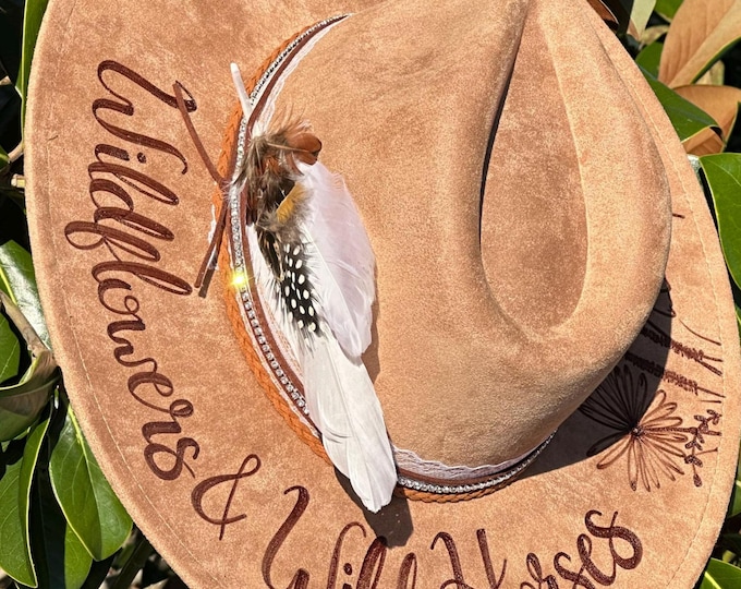 Wildflowers & Wild Horses Lainey Wilson Custom Cowgirl Hat, hand burned wide brimmed cowgirl fedora with wildflowers, mountains and horses
