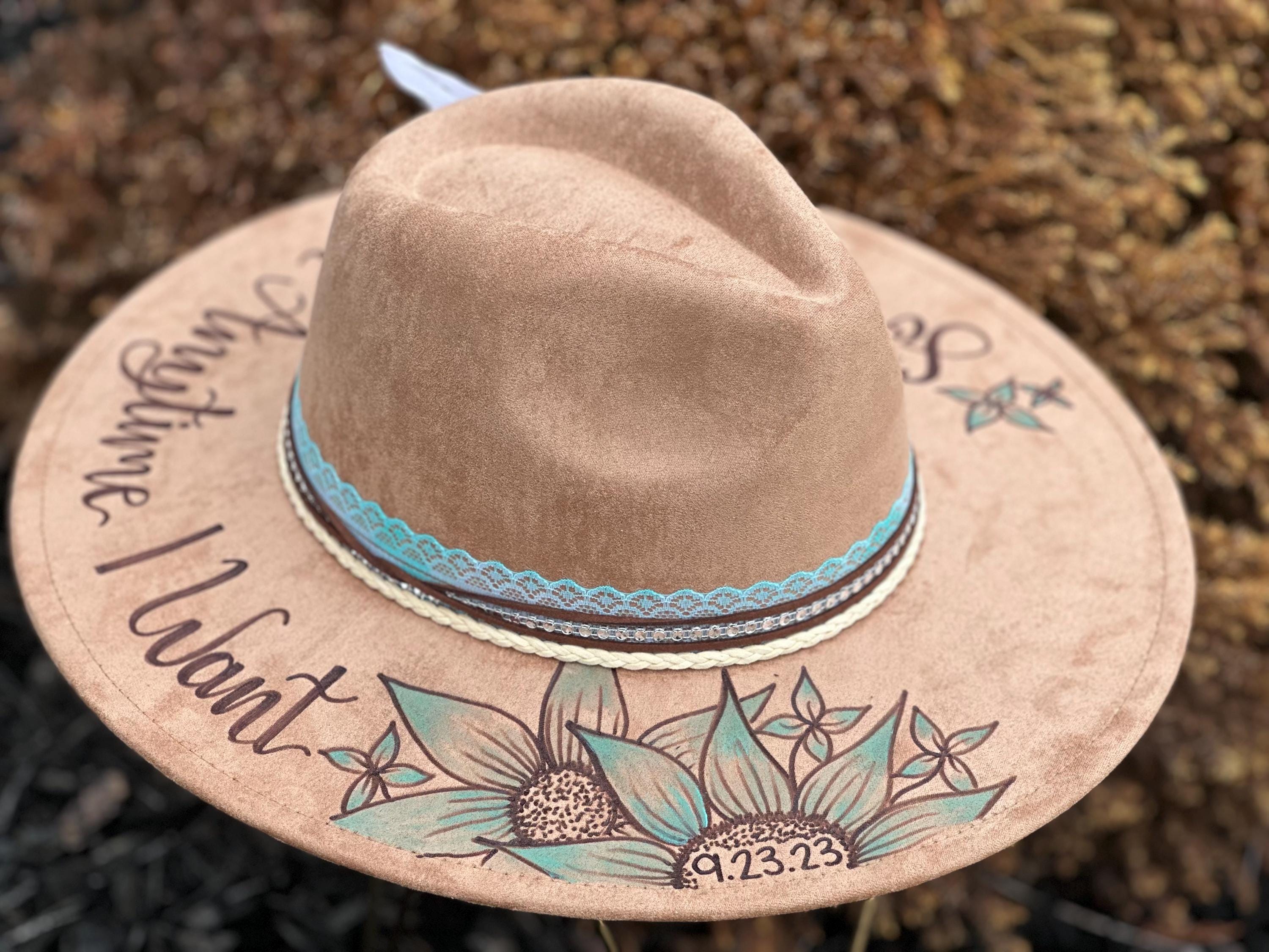 Custom Cowgirl Hat, Hand Burned With Turquoise Painted  display picture 3