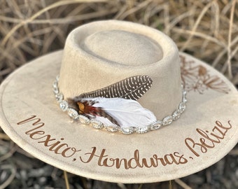 Custom hand burned wide brimmed fedora BLING hat