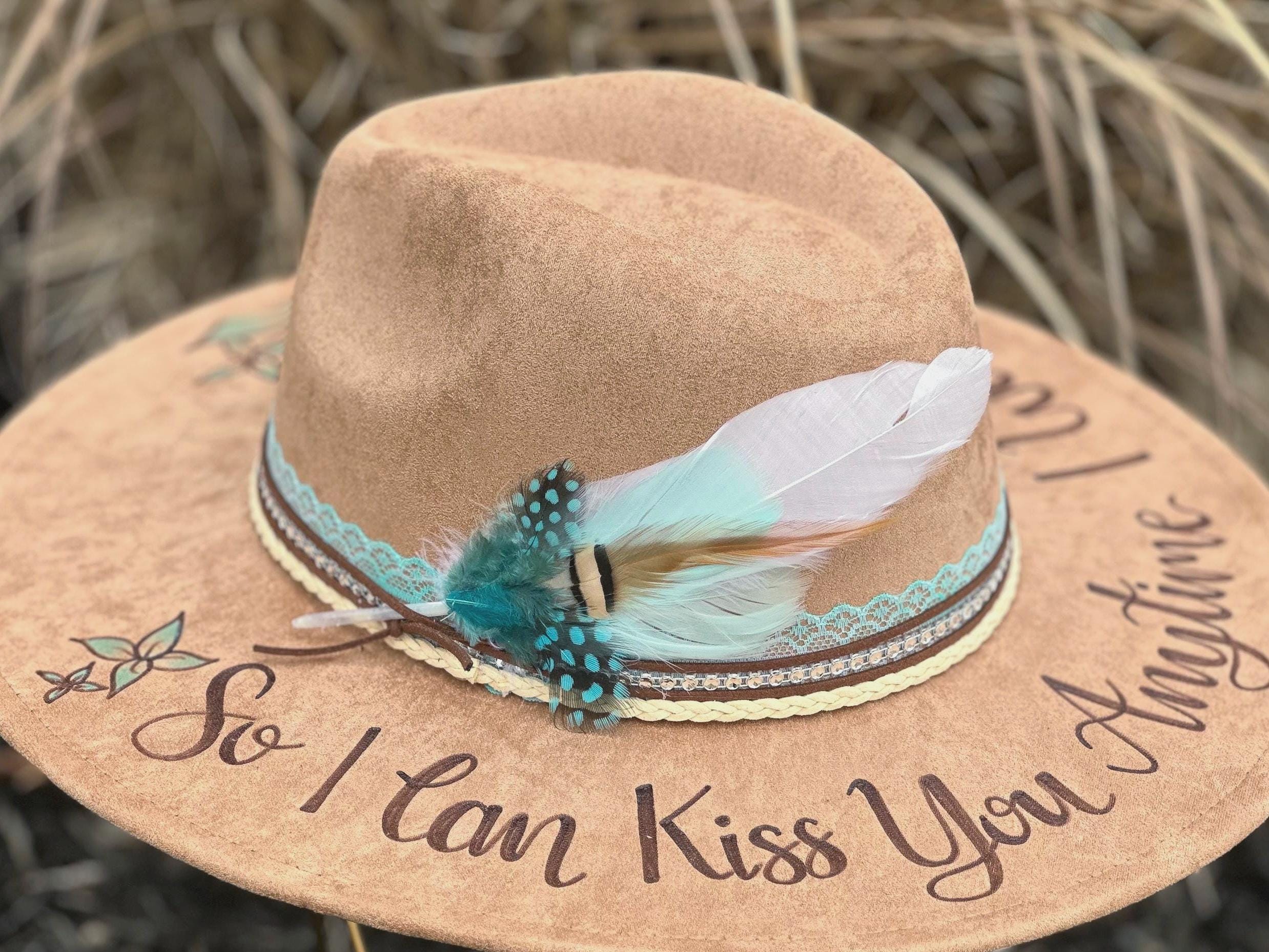 Custom Cowgirl Hat, Hand Burned With Turquoise Painted  display picture 3