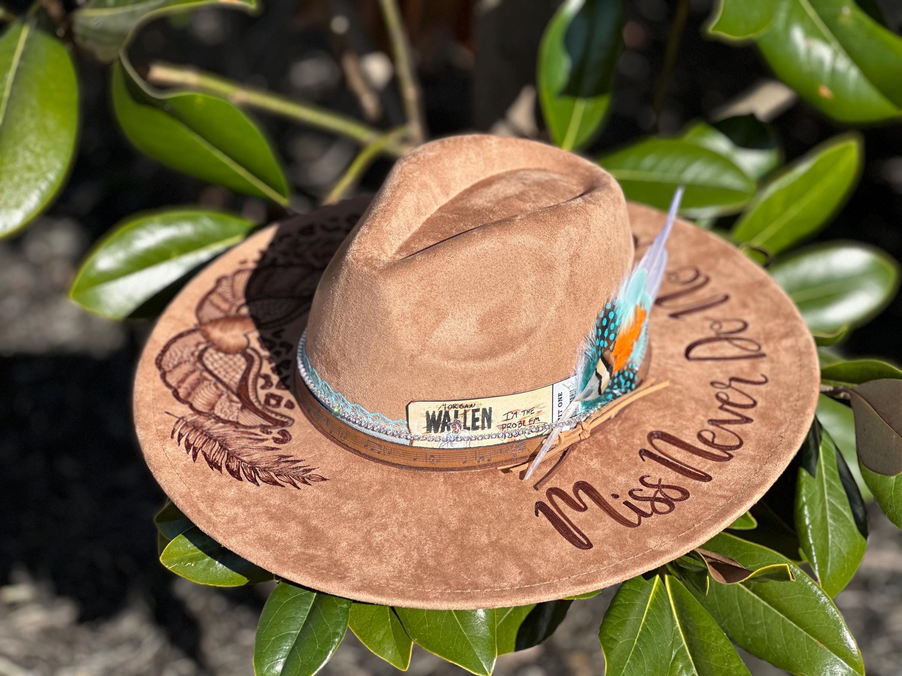 Morgan Wallen Custom Burned Wide Brim Fedora Feather Western Rancher Cowboy Hat New Custom Adult White Morgan Wallen Merch Concert Tour  main image 2