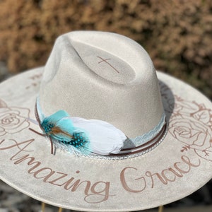 Custom hand burned wide brimmed cowgirl hat - Amazing Grace