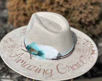 Custom hand burned wide brimmed cowgirl hat - Amazing Grace