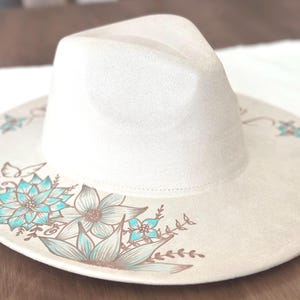 Custom hand burned wide brimmed cowgirl hat - Burnt Boho Hat with Hand Painted turquoise accents and feather banding