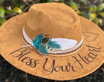 Megan Moroney Concert Hat with Bless Your Heart wording and feather accents.  Custom cowgirl hat hand burned, Southern Sayings