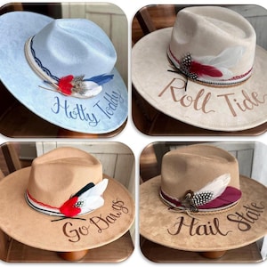 College Gameday Hat, Custom cowboy or cowgirl Hat, Custom team phrase burned by hand with school colors.