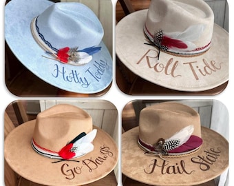 NFL Gameday Hat, Custom cowboy or cowgirl Hat, Custom team phrase burned by hand with school colors.