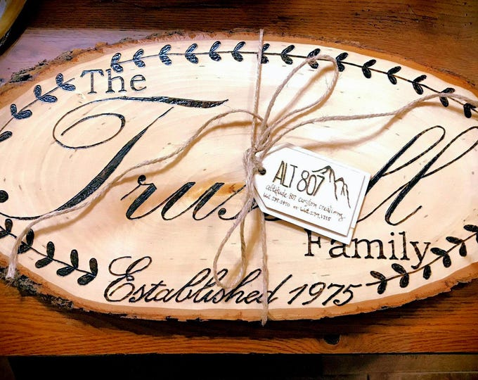 Personalized Live Edge Family Name Sign – Hand-Burned Basswood Custom Wall Decor, Rustic Last Name Plaque Wedding Gift