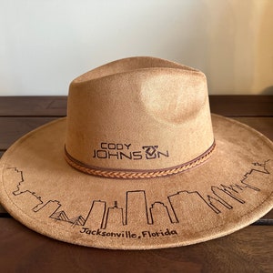 Custom hand burned wide brimmed cowboy hat - City Skyline