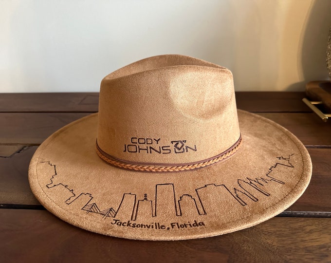 Custom hand burned wide brimmed cowboy hat - City Skyline