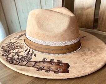 Custom Hand-Burned Music Tribute Hat – Women’s Cowboy Hat, Cowgirl Fedora, Musician Gift, Custom Song Plaque, Music Festival Hat