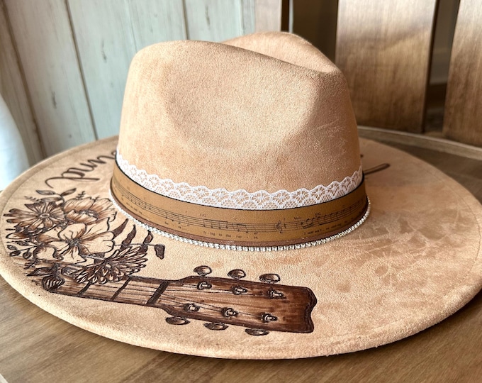 Custom Hand-Burned Music Tribute Hat – Women’s Cowboy Hat, Cowgirl Fedora, Musician Gift, Custom Song Plaque, Music Festival Hat