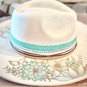 Custom hand burned wide brimmed cowgirl hat - Burnt Boho Hat with Hand Painted turquoise accents and feather banding