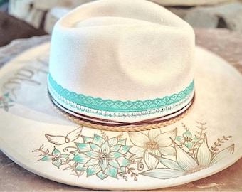 Custom Ladies Cowgirl Hat hand burned with flowers and painted turquoise accents and feather banding, Custom Cowboy Hat girls, Burnt Hat