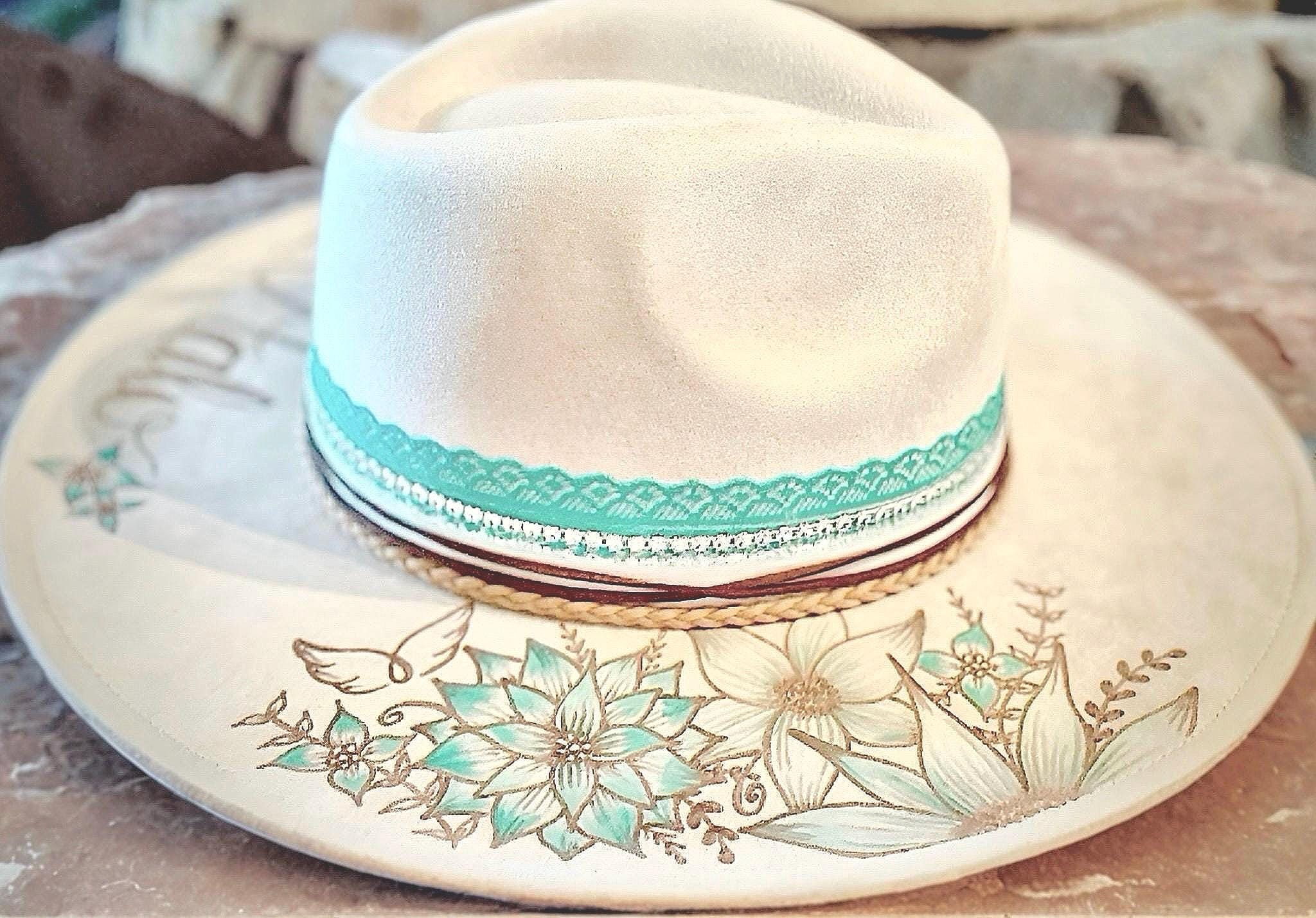 Girl on Fire Beige Hat with Turquoise Accents Custom Cowgirl Hat, Hand Burned With Turquoise Painted  main image 2