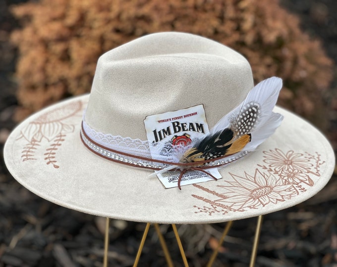 Jim Beam Custom Cowboy Hat with sunflowers, wildflowers and Jim Beam card, Ladies Cowgirl hat hand burned, wide brimmed custom fedora hat