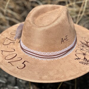 Wedding Custom hand burned wide brimmed cowgirl hat image 8