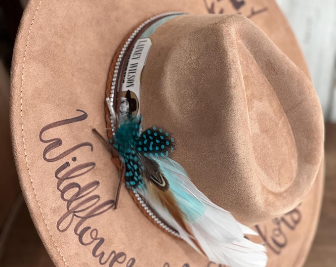 Wildflowers & Wild Horses Lainey Wilson Custom hand burned wide brimmed cowgirl hat