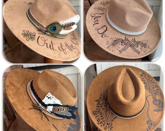 Custom Cowgirl Hat, Women's fedora hat burned by hand with banding & feather accents.  Personalized designs and wording of your choice.